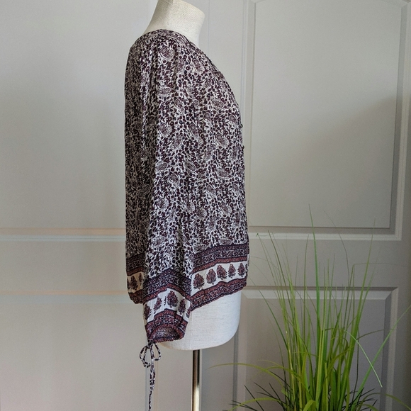 Lucky Brand Blouse Peasant Paisley Floral Print Long Sleeve Burgundy Navy L NWT - Picture 3 of 11